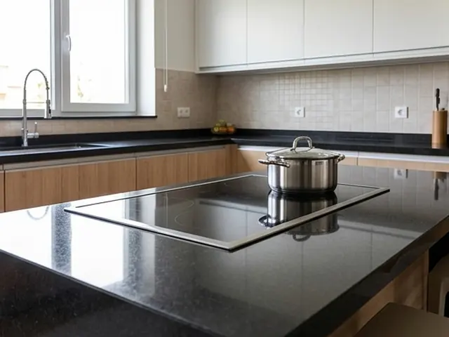 Ilustração: Preto São Gabriel em bancada de cozinha com cooktop