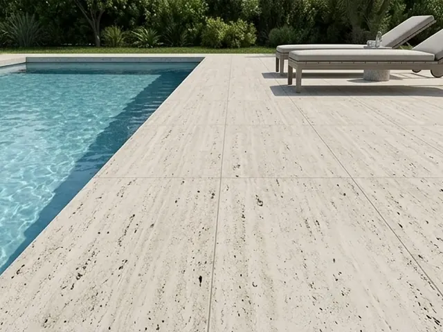 Ilustração: Travertino em deck de piscina em acabamento bruto